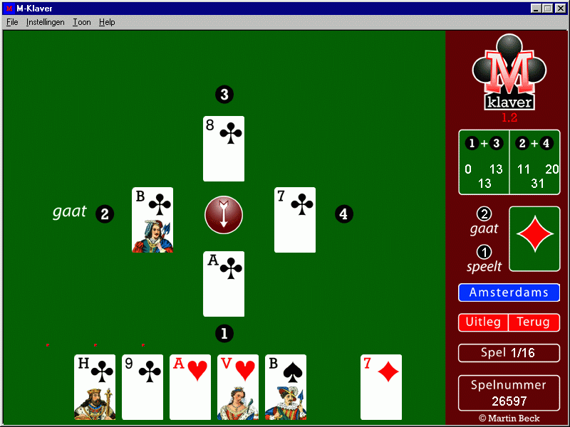 Spelscherm van klaverjasspel M-Klaver